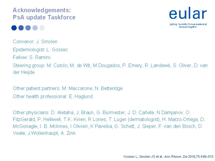 Acknowledgements: Ps. A update Taskforce Convenor: J. Smolen Epidemiologist: L. Gossec Fellow: S. Ramiro