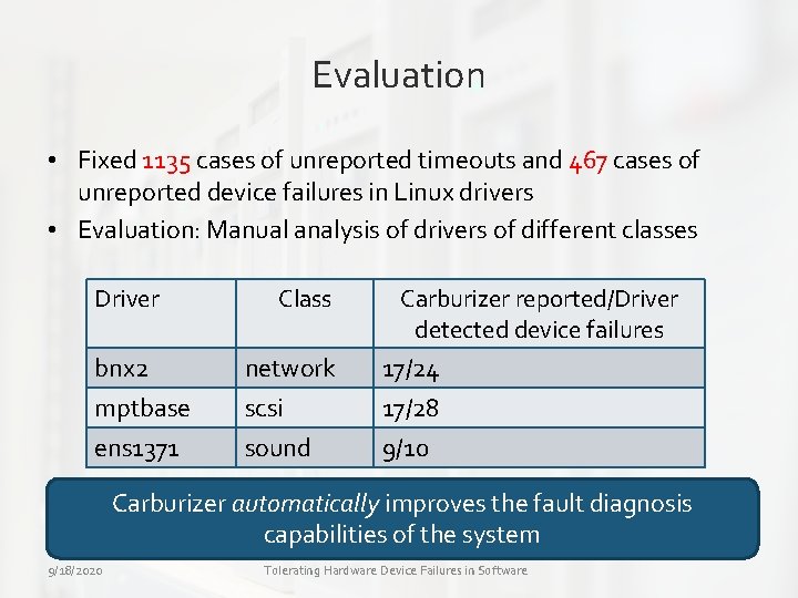 Evaluation • Fixed 1135 cases of unreported timeouts and 467 cases of unreported device