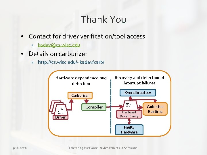 Thank You • Contact for driver verification/tool access » kadav@cs. wisc. edu • Details