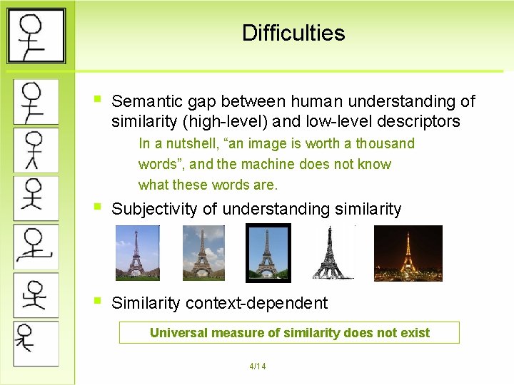 Difficulties § Semantic gap between human understanding of similarity (high-level) and low-level descriptors In