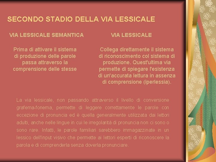 SECONDO STADIO DELLA VIA LESSICALE SEMANTICA Prima di attivare il sistema di produzione delle
