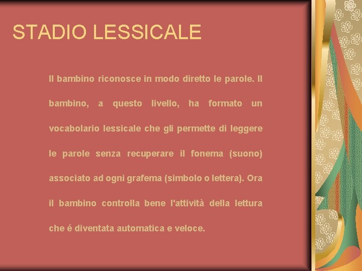 STADIO LESSICALE Il bambino riconosce in modo diretto le parole. Il bambino, a questo