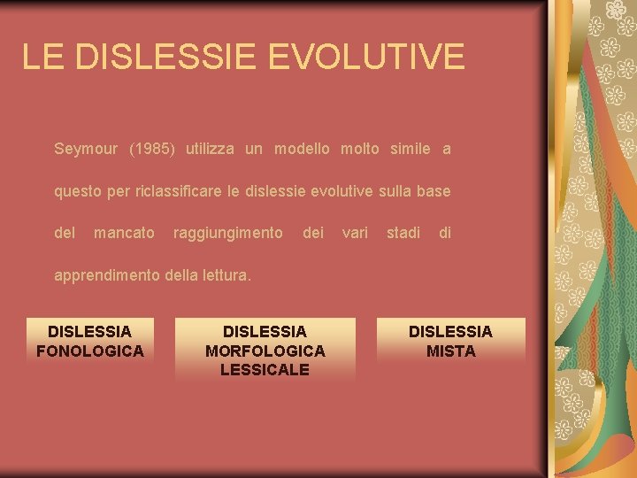 LE DISLESSIE EVOLUTIVE Seymour (1985) utilizza un modello molto simile a questo per riclassificare