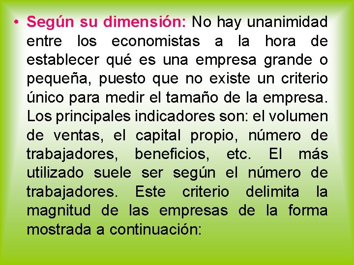  • Según su dimensión: No hay unanimidad entre los economistas a la hora