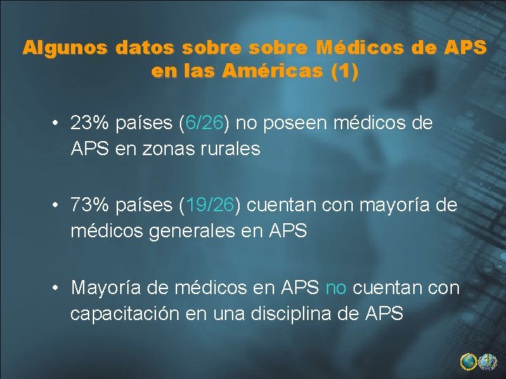 Algunos datos sobre Médicos de APS en las Américas (1) • 23% países (6/26)