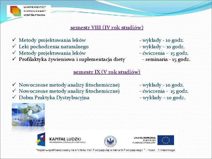 semestr VIII (IV rok studiów) ü Metody projektowania leków - wykłady - 10 godz.