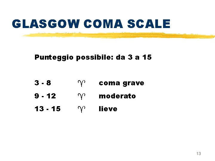 GLASGOW COMA SCALE Punteggio possibile: da 3 a 15 3 -8 coma grave 9