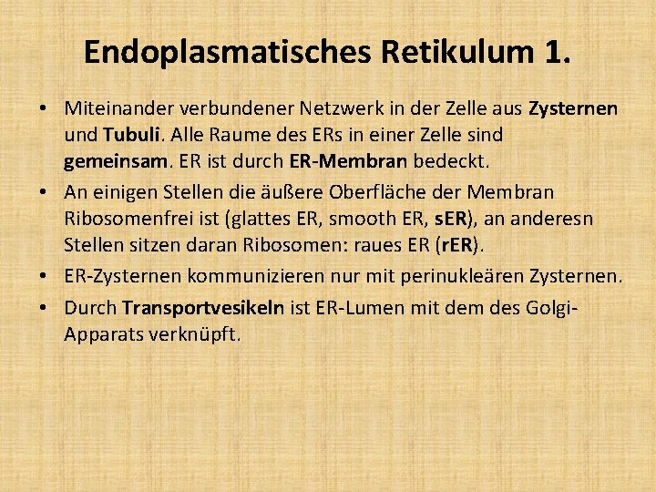 Endoplasmatisches Retikulum 1. • Miteinander verbundener Netzwerk in der Zelle aus Zysternen und Tubuli.