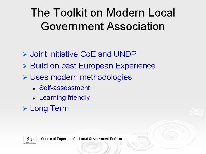 The Toolkit on Modern Local Government Association Joint initiative Co. E and UNDP Ø