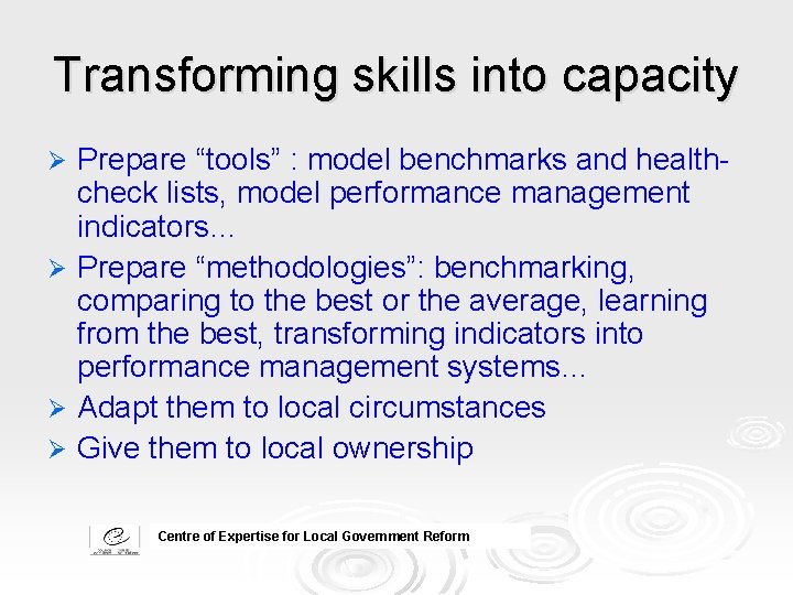 Transforming skills into capacity Prepare “tools” : model benchmarks and healthcheck lists, model performance Transforming skills into capacity Prepare “tools” : model benchmarks and healthcheck lists, model performance