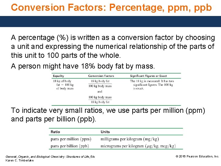 Conversion Factors: Percentage, ppm, ppb A percentage (%) is written as a conversion factor