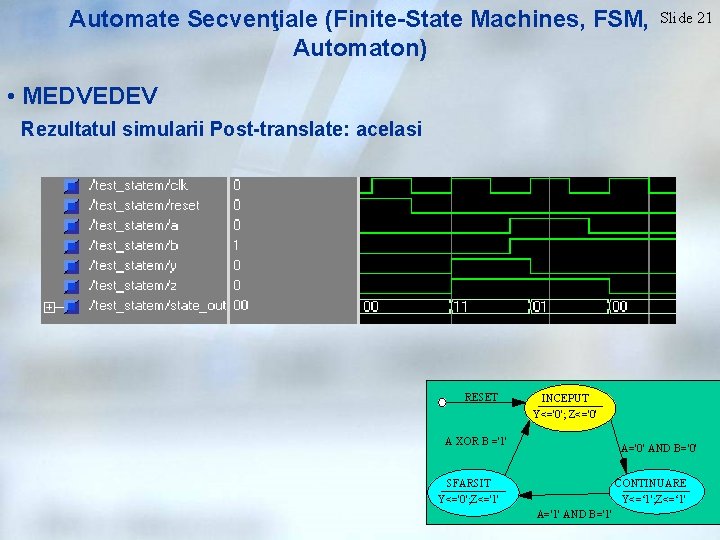 Automate Secvenţiale (Finite-State Machines, FSM, Automaton) Slide 21 • MEDVEDEV Rezultatul simularii Post-translate: acelasi