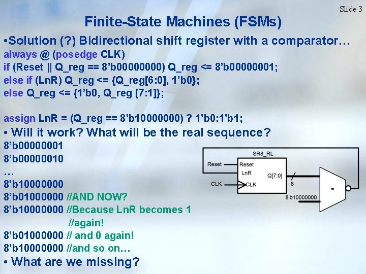 Slide 3 Finite-State Machines (FSMs) • Solution (? ) Bidirectional shift register with a