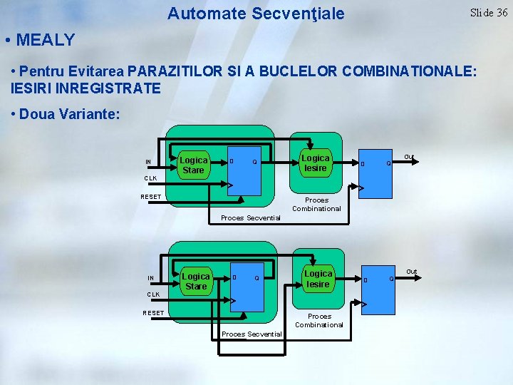 Automate Secvenţiale Slide 36 • MEALY • Pentru Evitarea PARAZITILOR SI A BUCLELOR COMBINATIONALE: