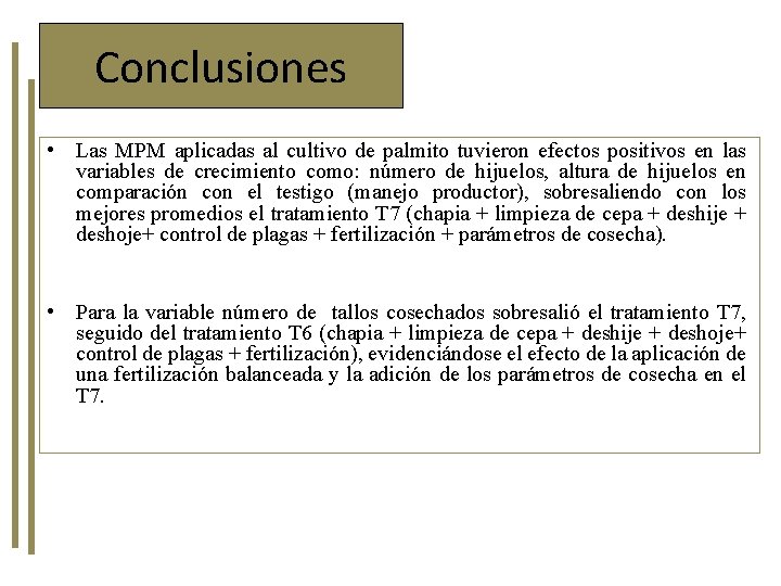 Conclusiones • Las MPM aplicadas al cultivo de palmito tuvieron efectos positivos en las