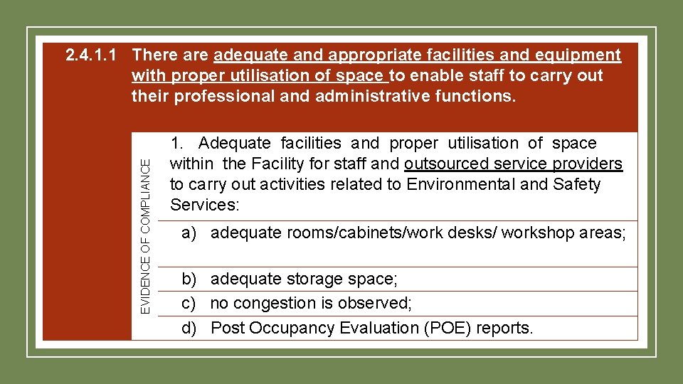 EVIDENCE OF COMPLIANCE 2. 4. 1. 1 There adequate and appropriate facilities and equipment
