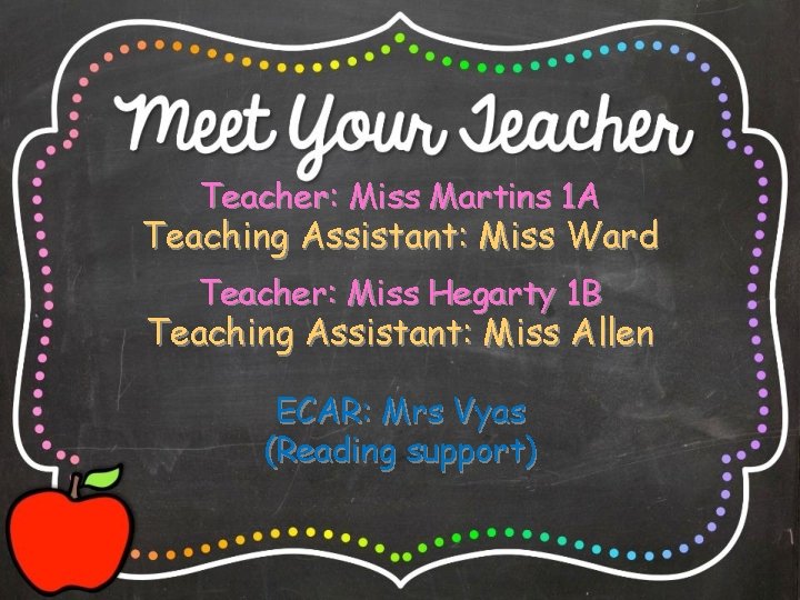 Teacher: Miss Martins 1 A Teaching Assistant: Miss Ward Teacher: Miss Hegarty 1 B