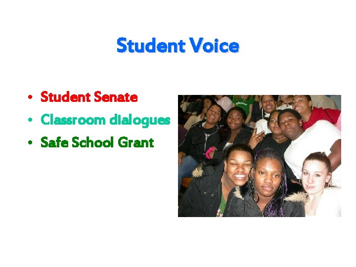 Student Voice • Student Senate • Classroom dialogues • Safe School Grant 