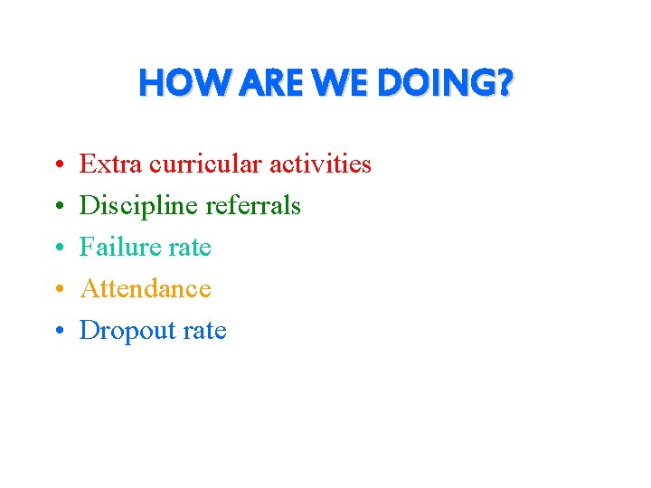 HOW ARE WE DOING? • • • Extra curricular activities Discipline referrals Failure rate