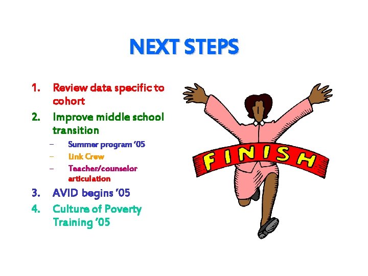 NEXT STEPS 1. Review data specific to cohort 2. Improve middle school transition –