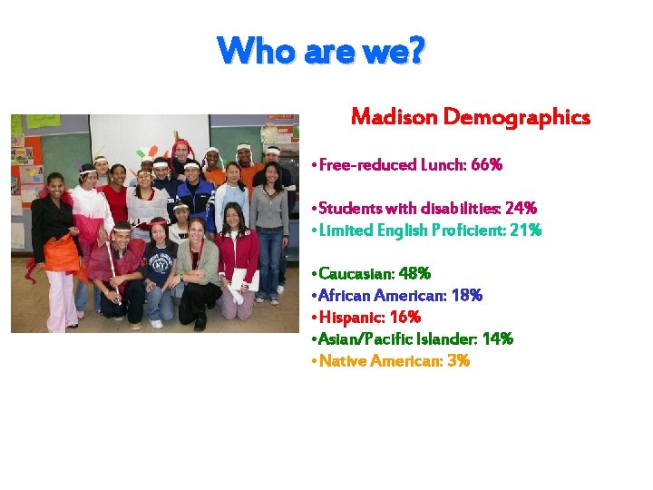 Who are we? Madison Demographics • Free-reduced Lunch: 66% • Students with disabilities: 24%