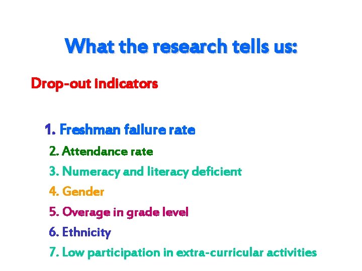 What the research tells us: Drop-out indicators 1. Freshman failure rate 2. Attendance rate