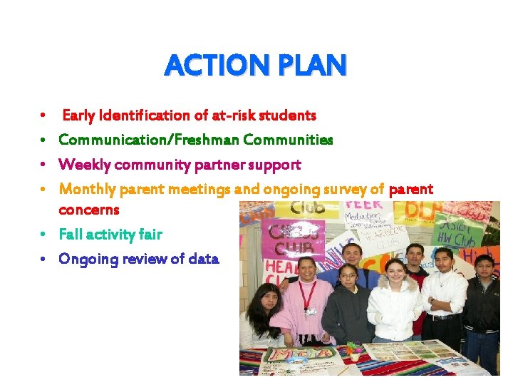 ACTION PLAN • • Early Identification of at-risk students Communication/Freshman Communities Weekly community partner