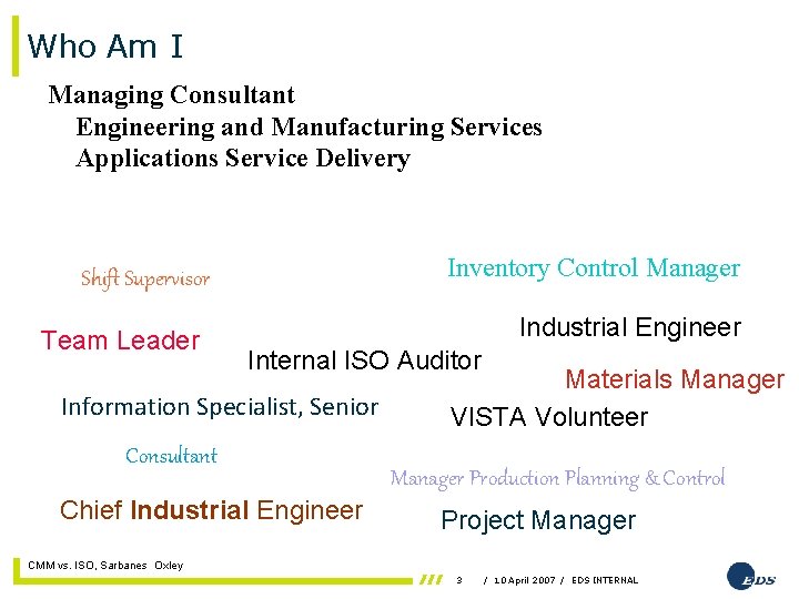 Who Am I Managing Consultant Engineering and Manufacturing Services Applications Service Delivery Inventory Control