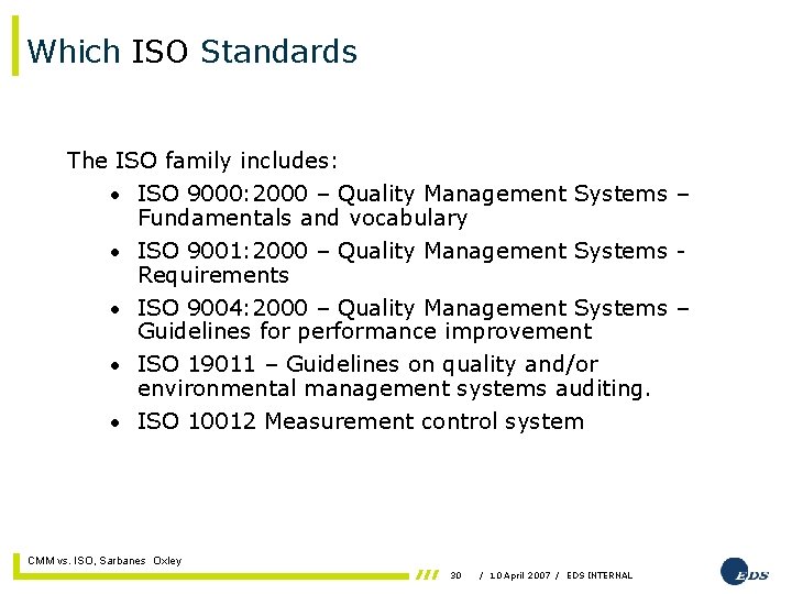 Which ISO Standards The ISO family includes: • ISO 9000: 2000 – Quality Management