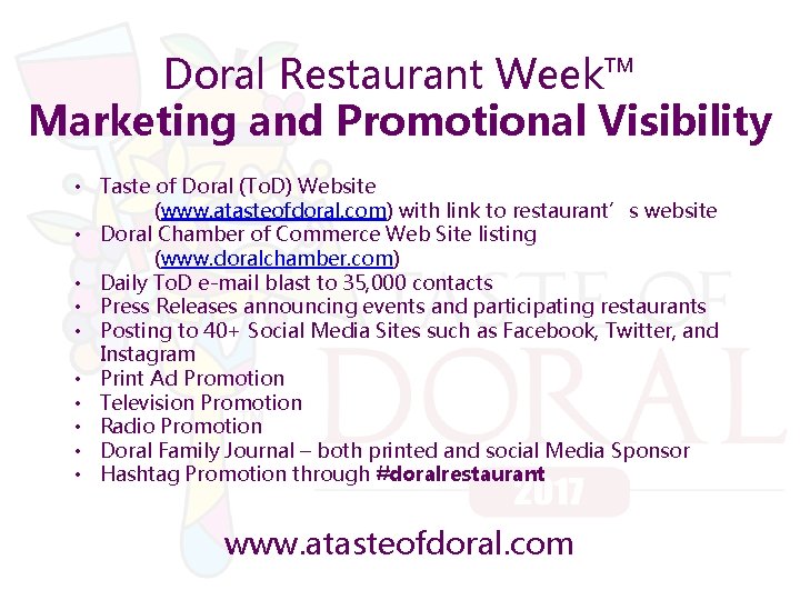 Doral Restaurant Week™ Marketing and Promotional Visibility • Taste of Doral (To. D) Website