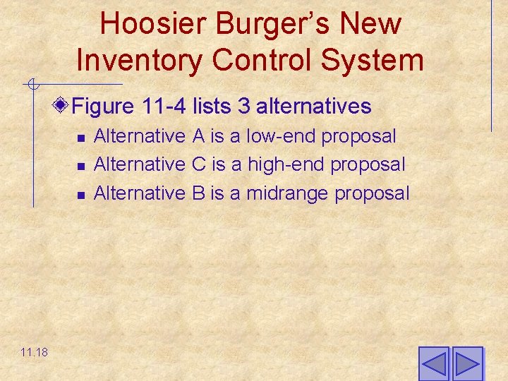 Hoosier Burger’s New Inventory Control System Figure 11 -4 lists 3 alternatives n n