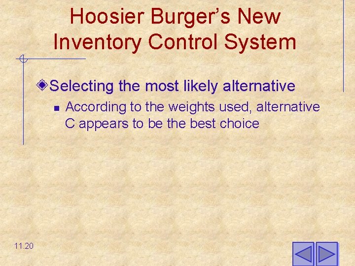 Hoosier Burger’s New Inventory Control System Selecting the most likely alternative n 11. 20