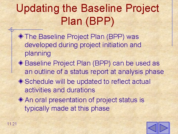 Updating the Baseline Project Plan (BPP) The Baseline Project Plan (BPP) was developed during