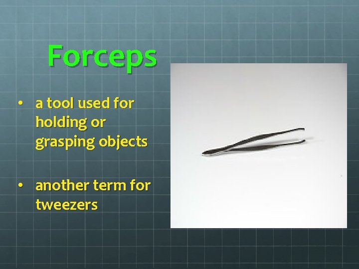 Forceps • a tool used for holding or grasping objects • another term for Forceps • a tool used for holding or grasping objects • another term for