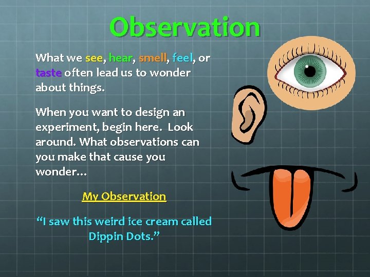 Observation What we see, hear, smell, feel, or taste often lead us to wonder Observation What we see, hear, smell, feel, or taste often lead us to wonder