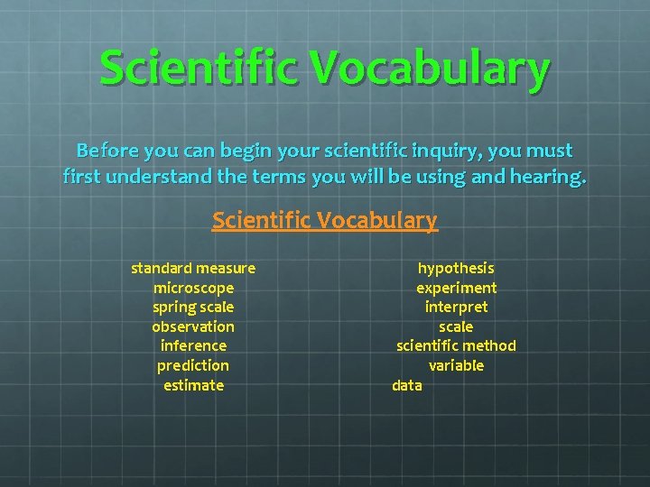Scientific Vocabulary Before you can begin your scientific inquiry, you must first understand the Scientific Vocabulary Before you can begin your scientific inquiry, you must first understand the