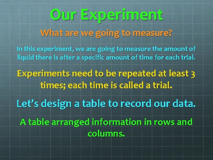 Our Experiment What are we going to measure? In this experiment, we are going Our Experiment What are we going to measure? In this experiment, we are going