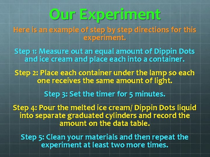 Our Experiment Here is an example of step by step directions for this experiment. Our Experiment Here is an example of step by step directions for this experiment.