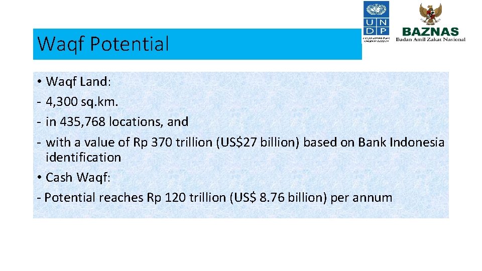 Waqf Potential • Waqf Land: - 4, 300 sq. km. - in 435, 768