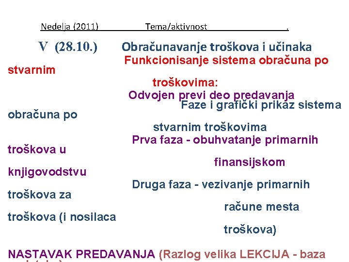 Nedelja (2011) V (28. 10. ) stvarnim obračuna po troškova u knjigovodstvu troškova za