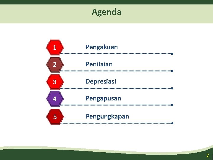 Agenda 1 Pengakuan 2 Penilaian 3 Depresiasi 4 Pengapusan 5 Pengungkapan 2 