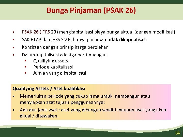 Bunga Pinjaman (PSAK 26) § PSAK 26 (IFRS 23) mengkapitalisasi biaya bunga aktual (dengan