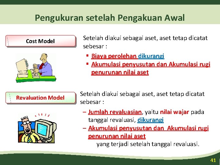 Pengukuran setelah Pengakuan Awal Cost Model Revaluation Model Setelah diakui sebagai aset, aset tetap