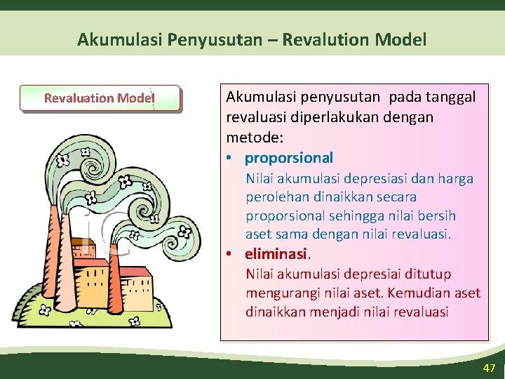 Akumulasi Penyusutan – Revalution Model Revaluation Model Akumulasi penyusutan pada tanggal revaluasi diperlakukan dengan