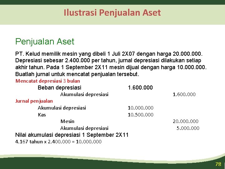 Ilustrasi Penjualan Aset PT. Kelud memilik mesin yang dibeli 1 Juli 2 X 07