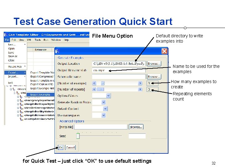 Test Case Generation Quick Start File Menu Option Default directory to write examples into
