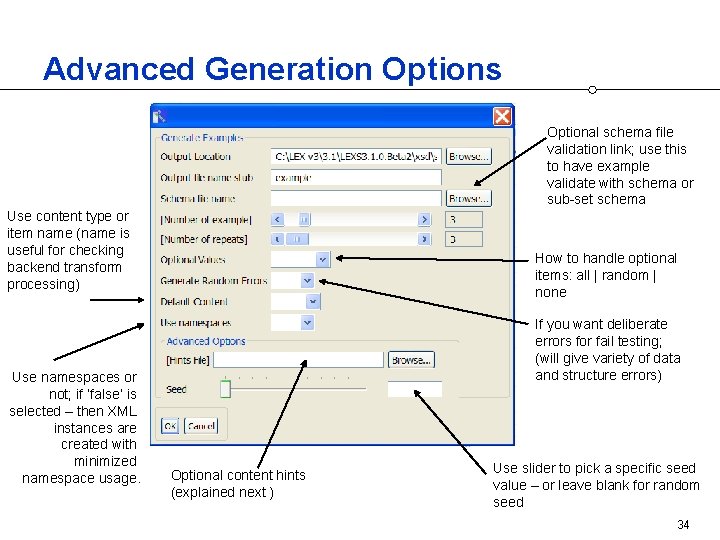 Advanced Generation Options Optional schema file validation link; use this to have example validate