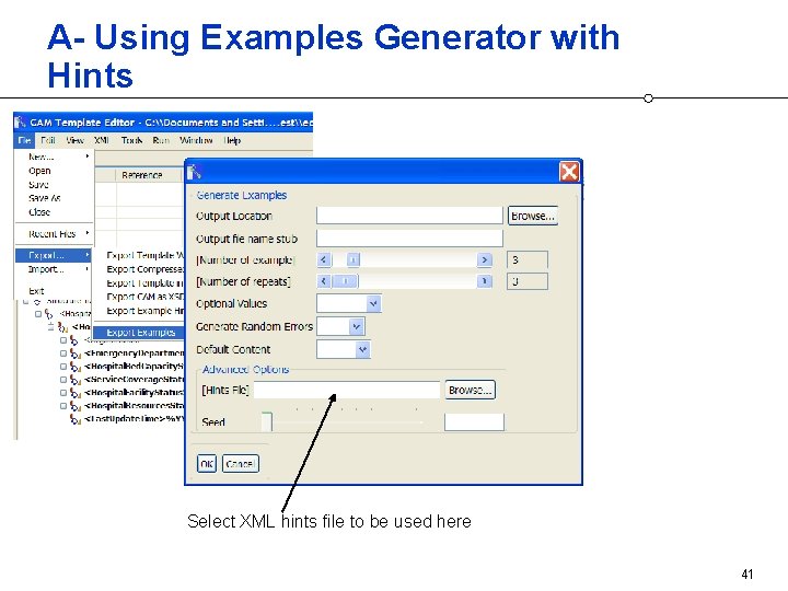 A- Using Examples Generator with Hints Select XML hints file to be used here