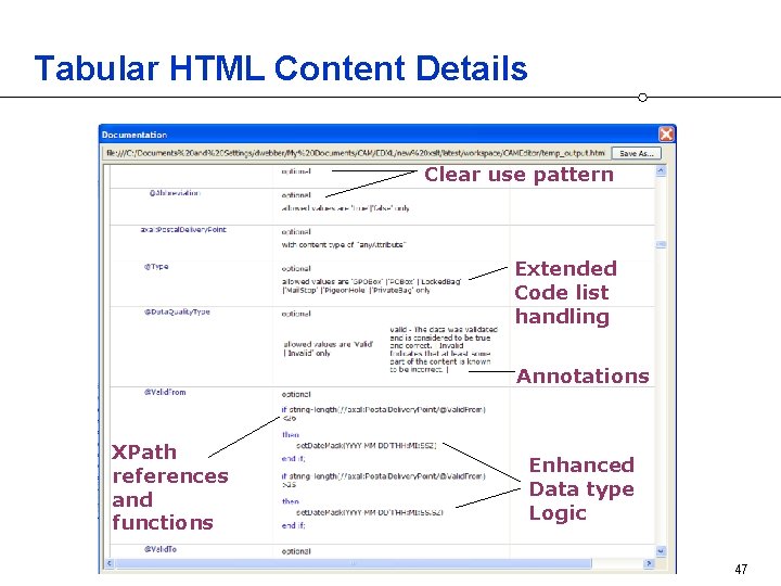 Tabular HTML Content Details Clear use pattern Extended Code list handling Annotations XPath references