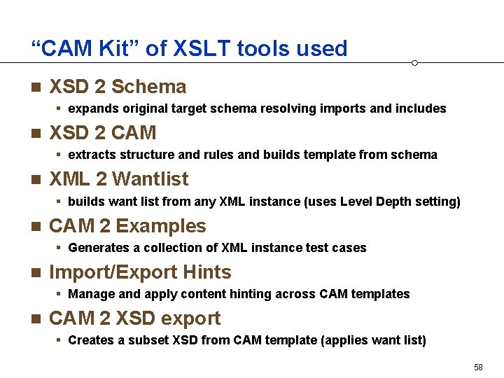 “CAM Kit” of XSLT tools used n XSD 2 Schema § expands original target